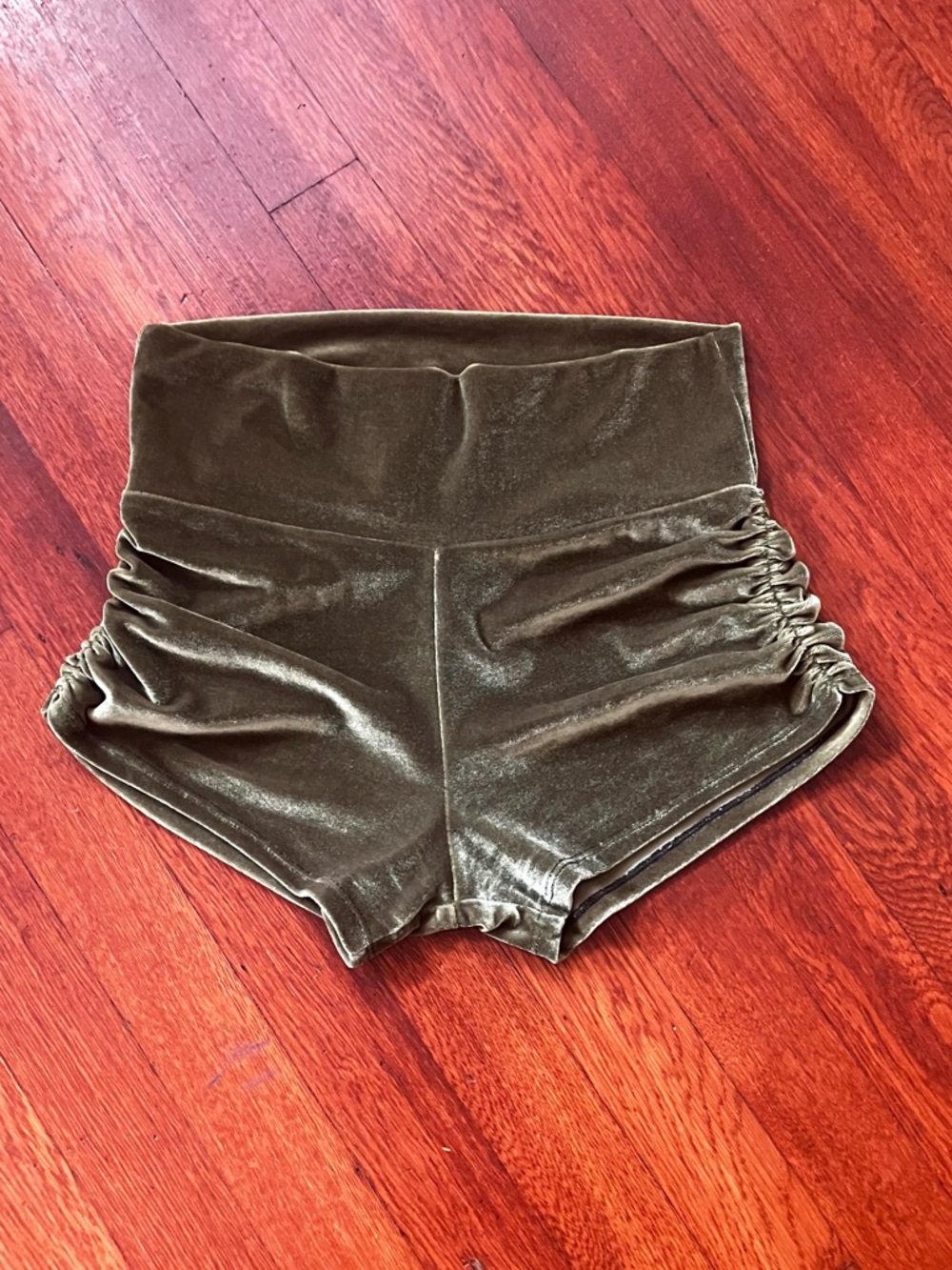 High-Waist Velvet Ruched Women’s Booty Shorts — Olive Green